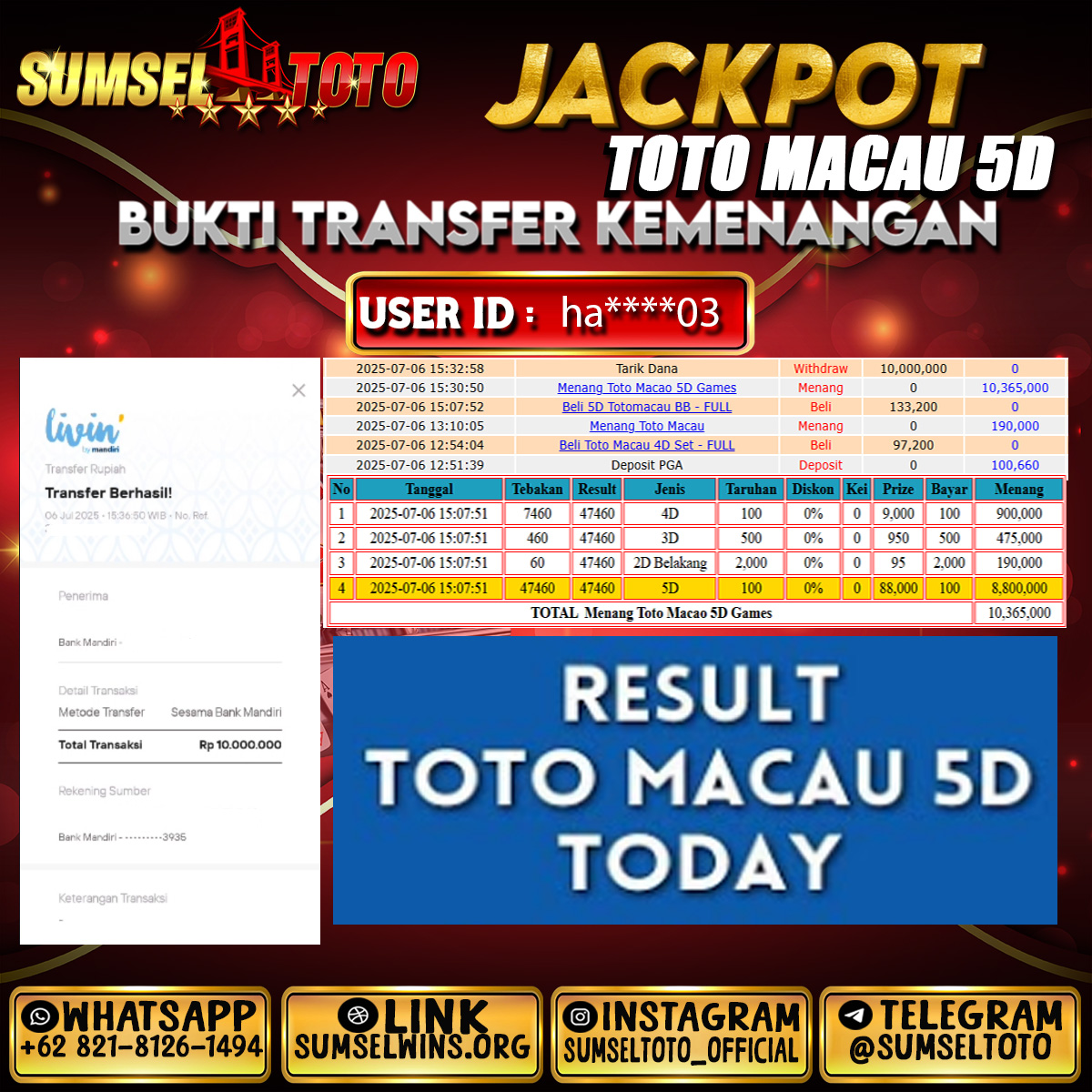 SUMSELTOTO JACKPOT TOTO MACAU 5D Rp.10,000,000.,- LUNAS